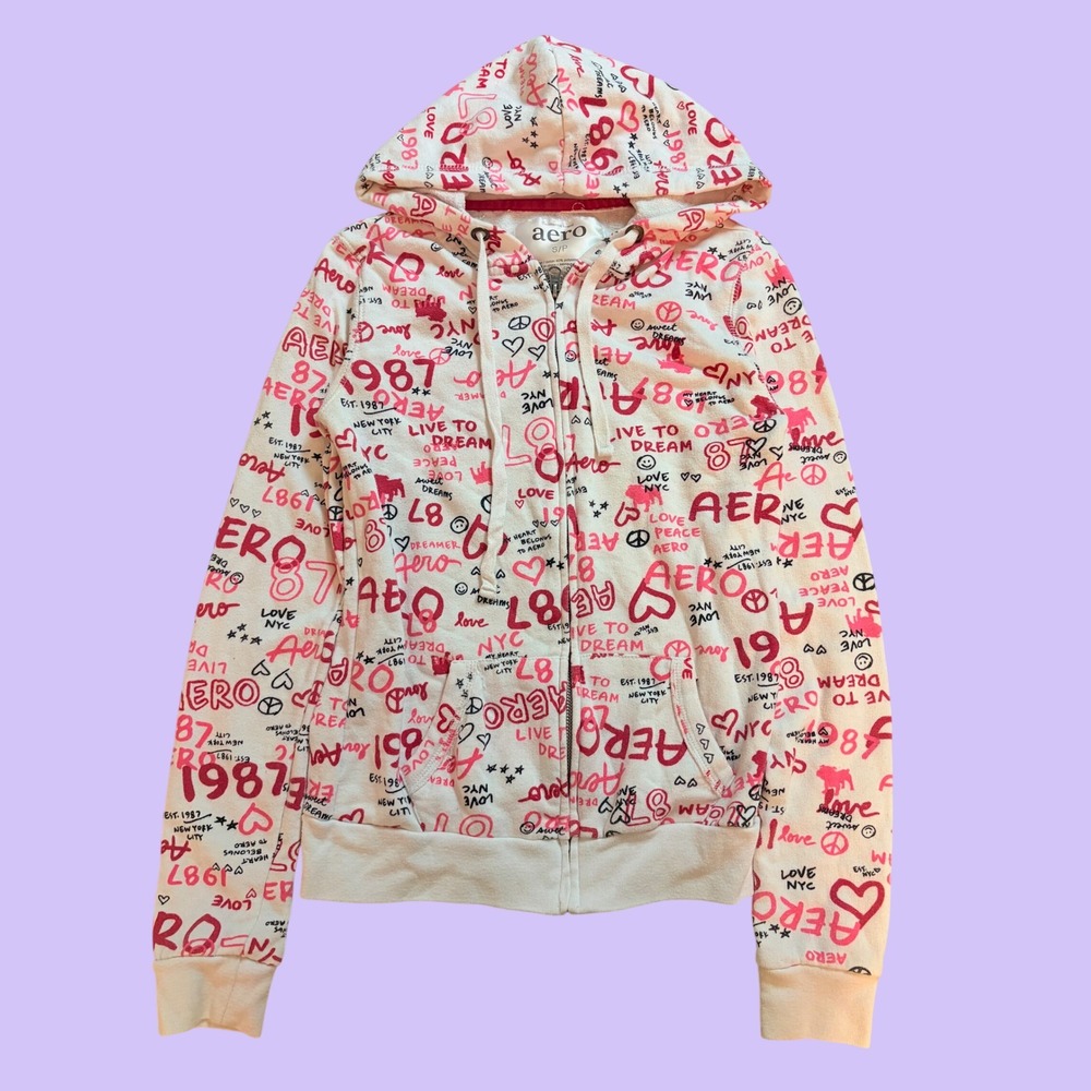 Y2K Aeropostale Graffiti Print Full Zip Hoodie Peace Heart Scene #18